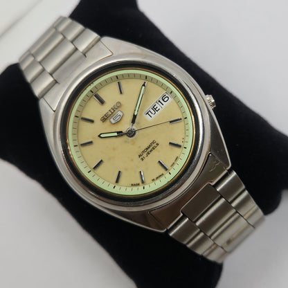 Vintage 1980 Original Seiko 5 Automatic 7s26 Gold face 21 Jewels Day-Date Japanese Men's Wrist Watch OG102