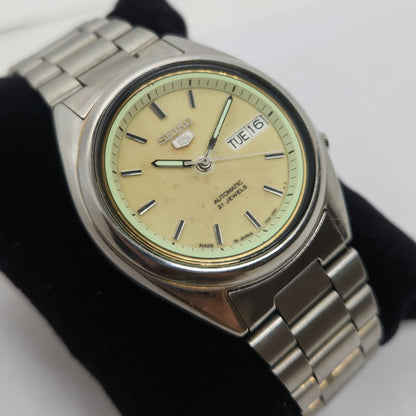 Vintage 1980 Original Seiko 5 Automatic 7s26 Gold face 21 Jewels Day-Date Japanese Men's Wrist Watch OG102