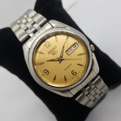 Vintage 1980 Original Seiko 5 Automatic 7s26 Golden face 21 Jewels Day-Date Japanese Men's Wrist Watch OG104