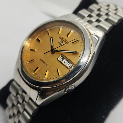 Vintage 1980 Original Seiko 5 Automatic 7s26-00X0 Golden face 21 Jewels Day-Date Japanese Men's Wrist Watch OG111