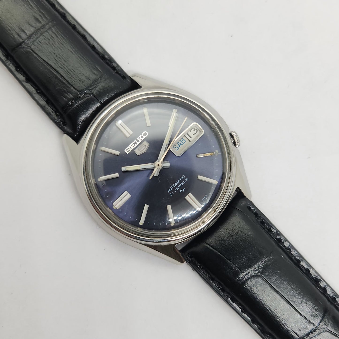 Vintage 1980 Original Seiko 5 Automatic 7019-7100 Blue face 21 Jewels Day-Date Japanese Men's Wrist Watch OG119