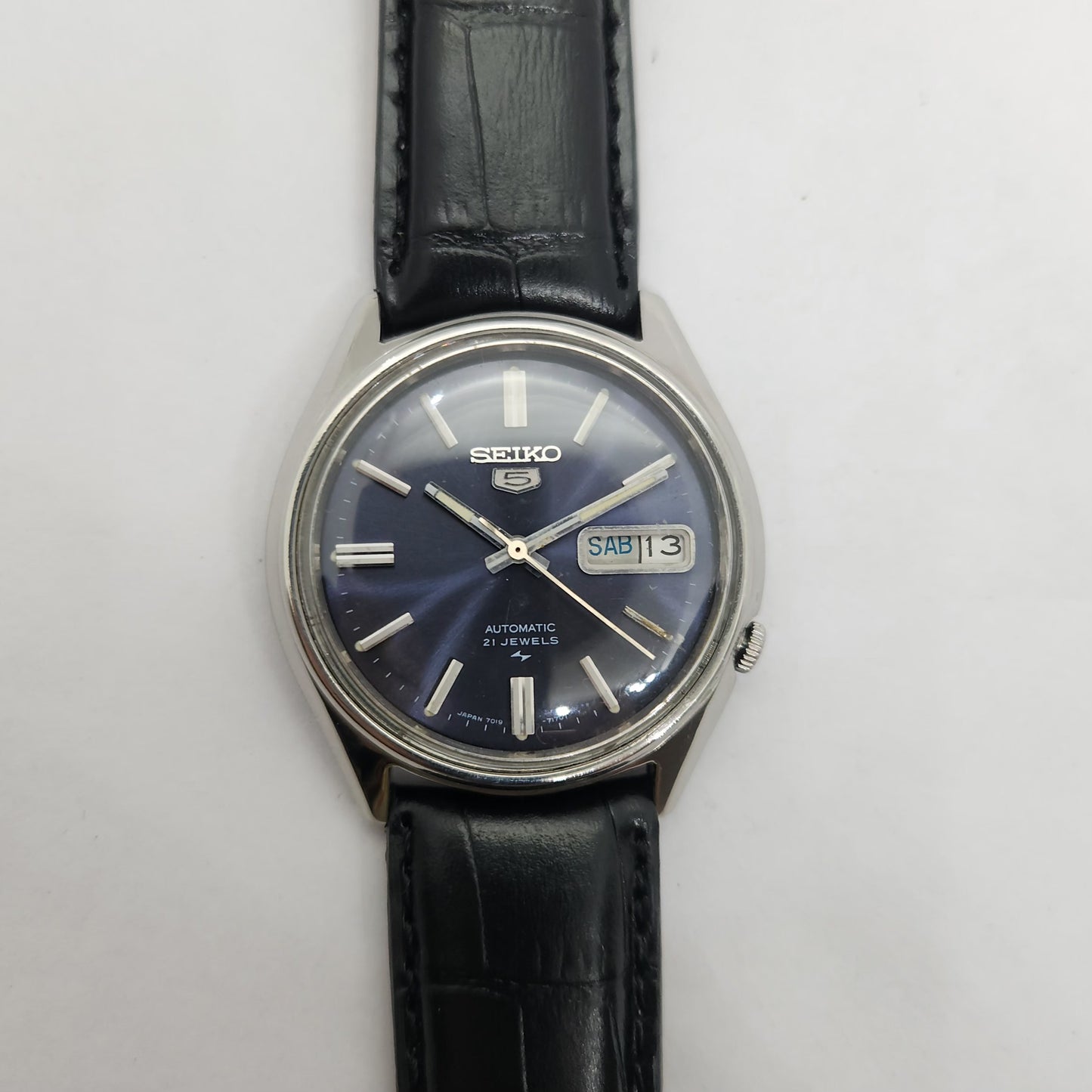 Vintage 1980 Original Seiko 5 Automatic 7019-7100 Blue face 21 Jewels Day-Date Japanese Men's Wrist Watch OG119
