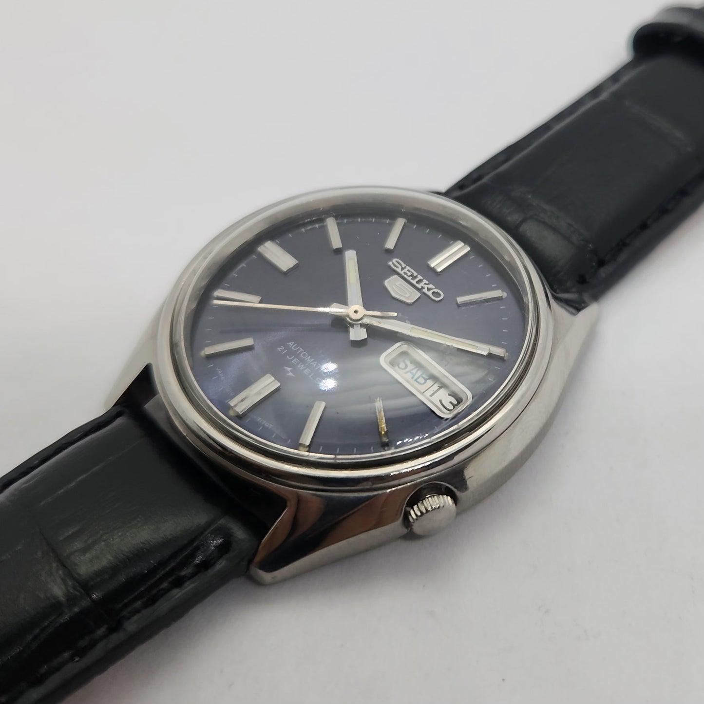 Vintage 1980 Original Seiko 5 Automatic 7019-7100 Blue face 21 Jewels Day-Date Japanese Men's Wrist Watch OG119