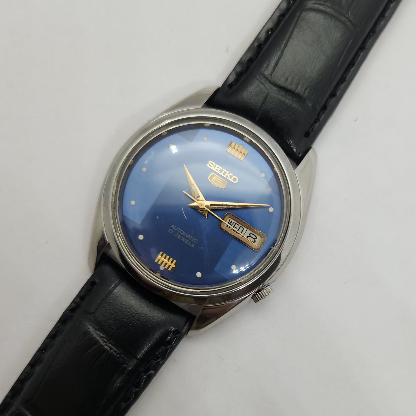 Vintage 1980 Original Seiko 5 Automatic 7019-7370 Blue face 21 Jewels Day-Date Japanese Men's Wrist Watch OG120