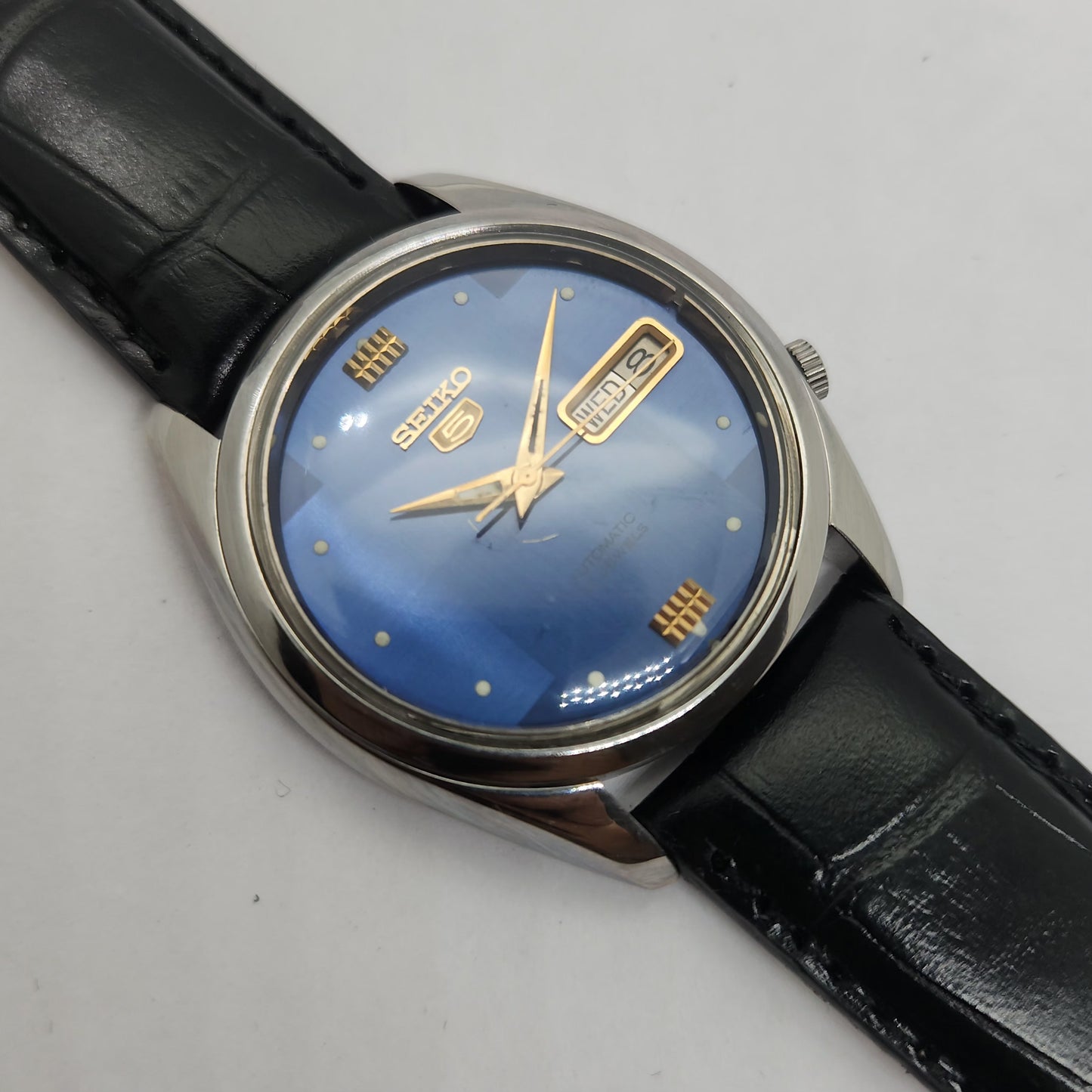 Vintage 1980 Original Seiko 5 Automatic 7019-7370 Blue face 21 Jewels Day-Date Japanese Men's Wrist Watch OG120