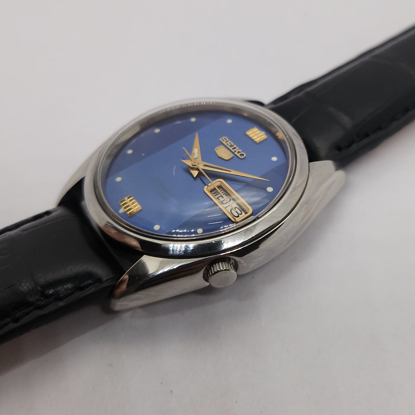 Vintage 1980 Original Seiko 5 Automatic 7019-7370 Blue face 21 Jewels Day-Date Japanese Men's Wrist Watch OG120