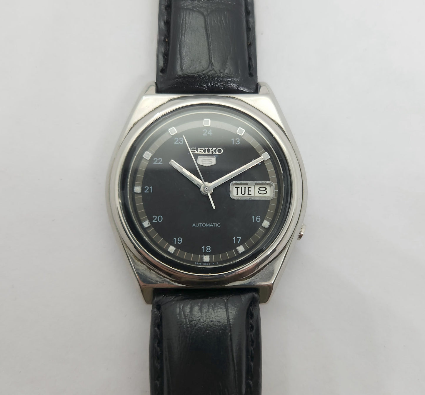 Vintage 1980 Original Seiko 5 Automatic 7S26-03B0 Black face 21 Jewels Day-Date Japanese Men's Wrist Watch OG121