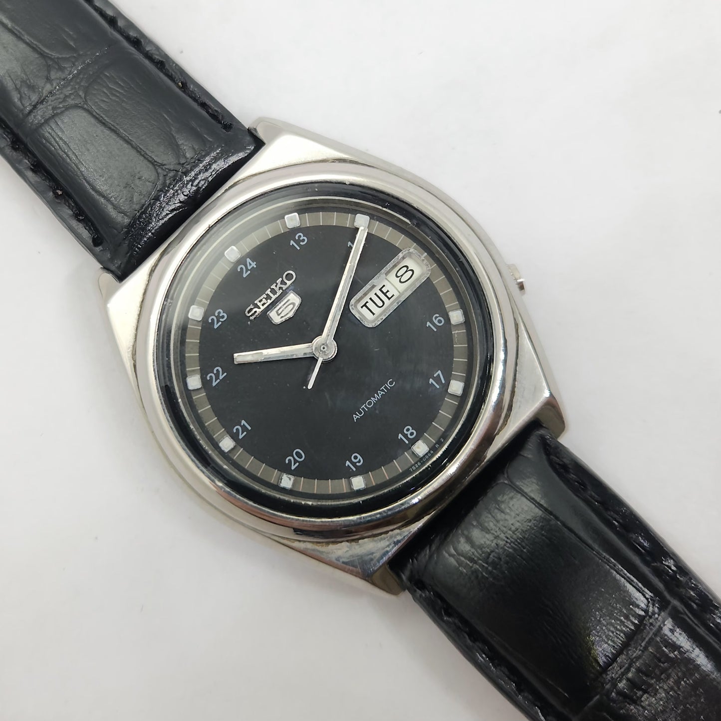 Vintage 1980 Original Seiko 5 Automatic 7S26-03B0 Black face 21 Jewels Day-Date Japanese Men's Wrist Watch OG121