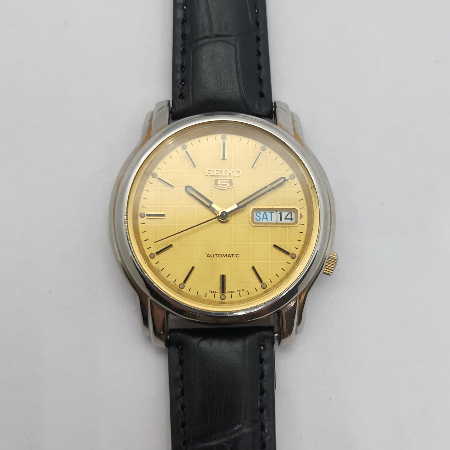 Vintage 1980 Original Seiko 5 Automatic 7s26 Golden face 21 Jewels Day-Date Japanese Men's Wrist Watch OG124