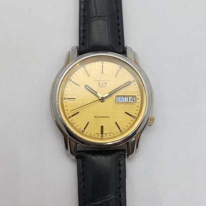 Vintage 1980 Original Seiko 5 Automatic 7s26 Golden face 21 Jewels Day-Date Japanese Men's Wrist Watch OG124