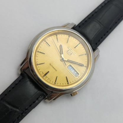 Vintage 1980 Original Seiko 5 Automatic 7s26 Golden face 21 Jewels Day-Date Japanese Men's Wrist Watch OG124