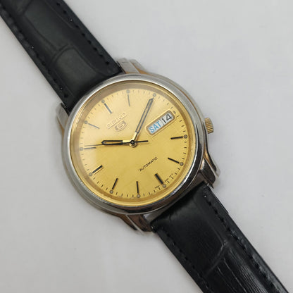 Vintage 1980 Original Seiko 5 Automatic 7s26 Golden face 21 Jewels Day-Date Japanese Men's Wrist Watch OG124