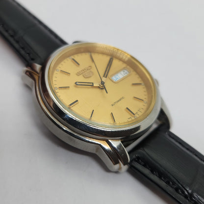 Vintage 1980 Original Seiko 5 Automatic 7s26 Golden face 21 Jewels Day-Date Japanese Men's Wrist Watch OG124