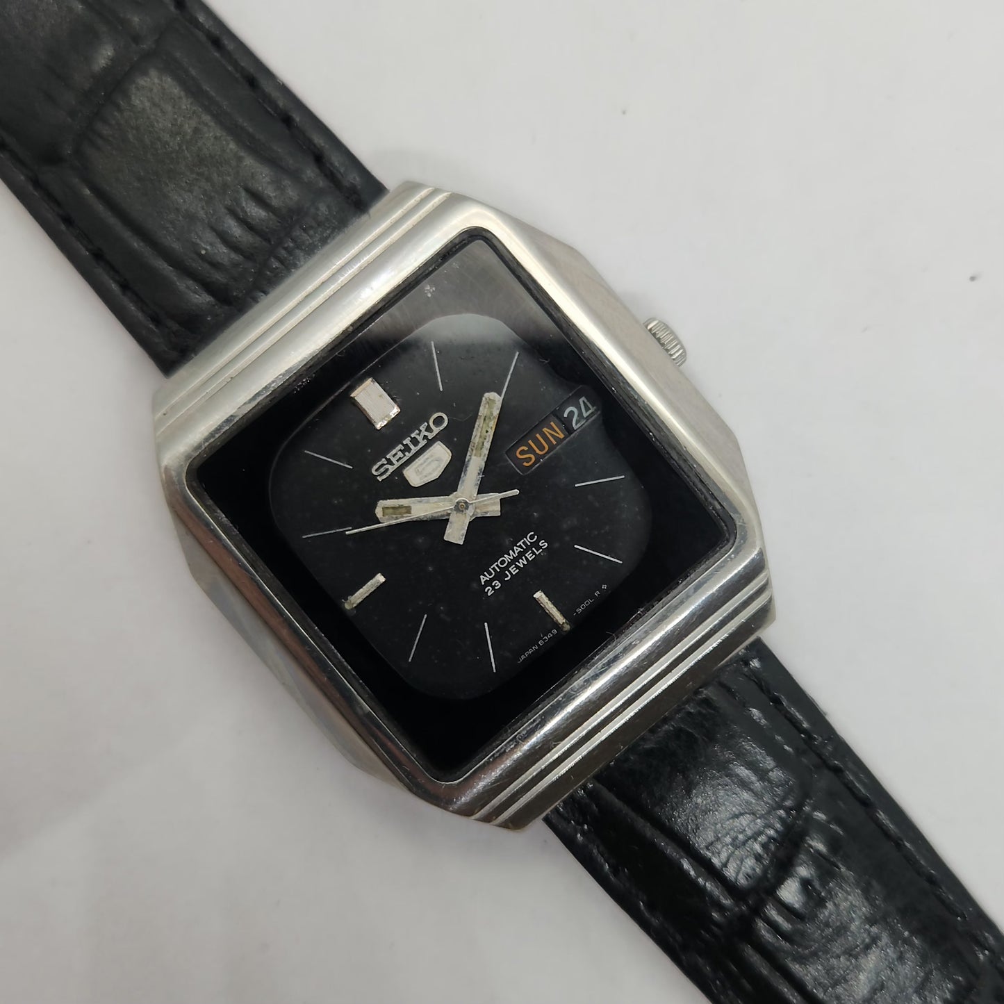 Vintage 1980 Original Seiko 5 Automatic 6349-514A Black face 23 Jewels Day-Date Japanese Men's Wrist Watch OG125