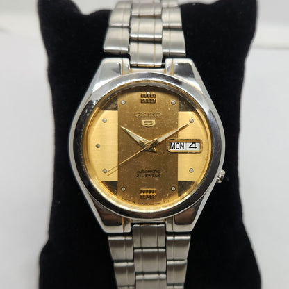 Vintage 1980 Original Seiko 5 Automatic 7s26 Golden face 21 Jewels Day-Date Japanese Men's Wrist Watch OG138