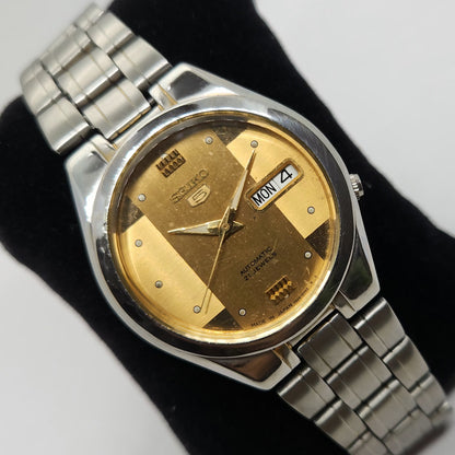 Vintage 1980 Original Seiko 5 Automatic 7s26 Golden face 21 Jewels Day-Date Japanese Men's Wrist Watch OG138