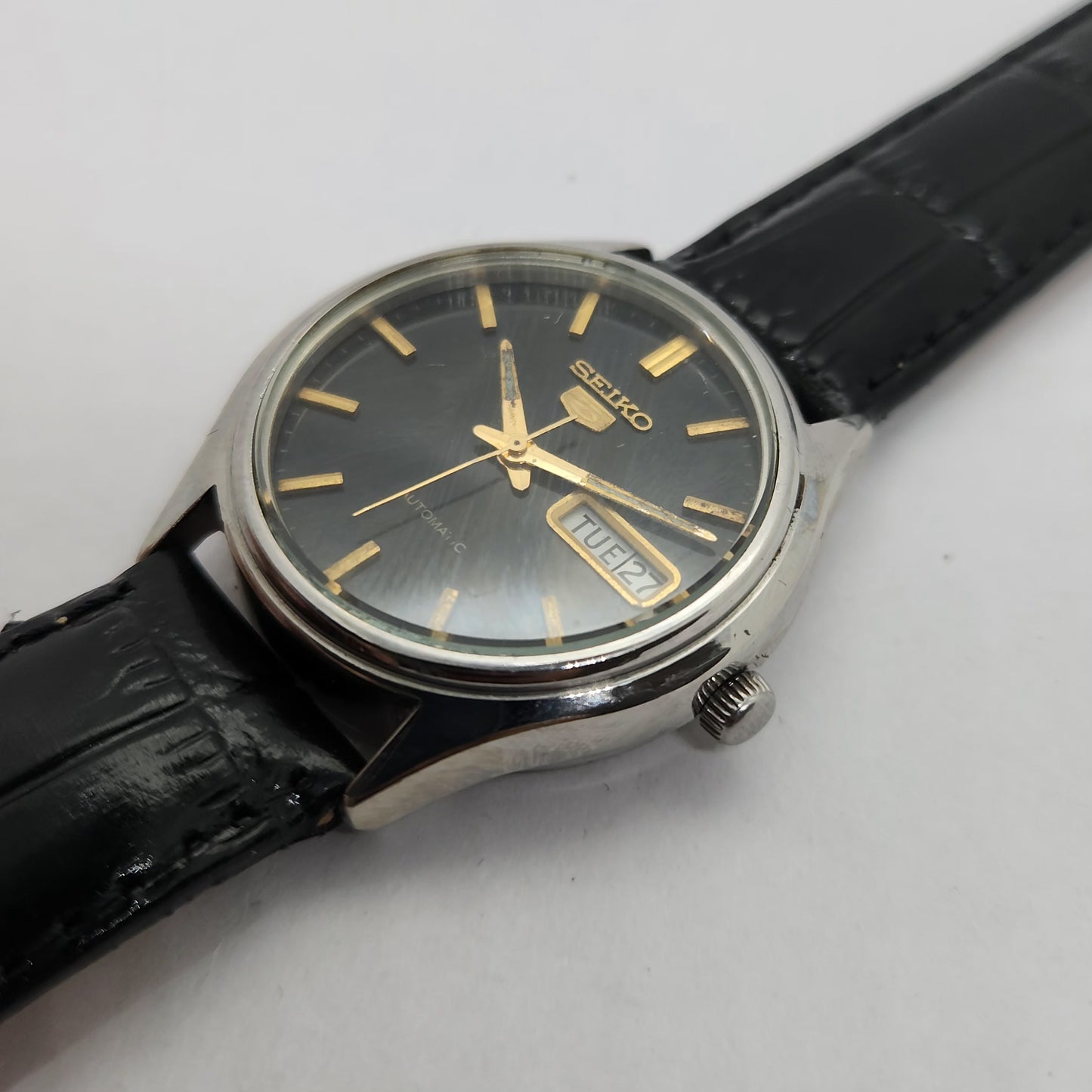 Vintage 1980 Original Seiko 5 Automatic 6309-7320 Silver face 17 Jewels Day-Date Japanese Men's Wrist Watch OG141