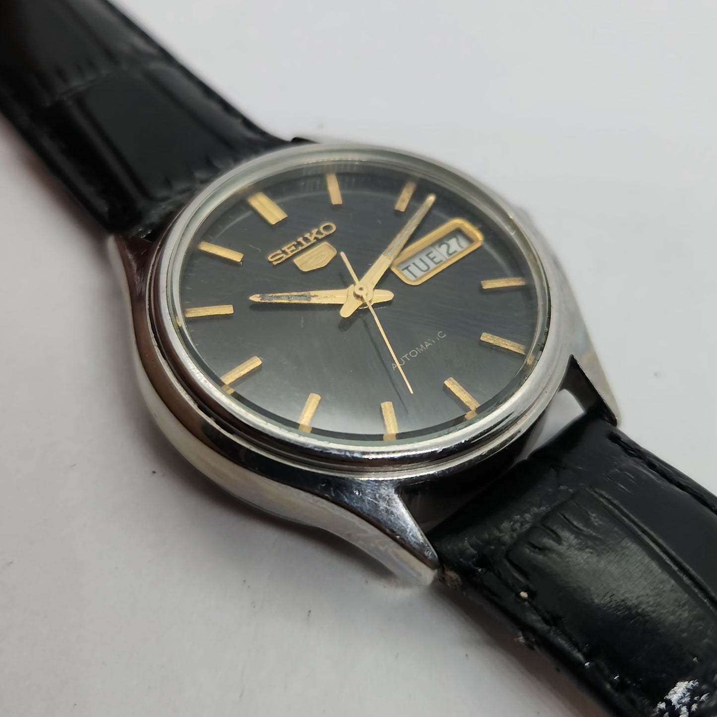 Vintage 1980 Original Seiko 5 Automatic 6309-7320 Silver face 17 Jewels Day-Date Japanese Men's Wrist Watch OG141
