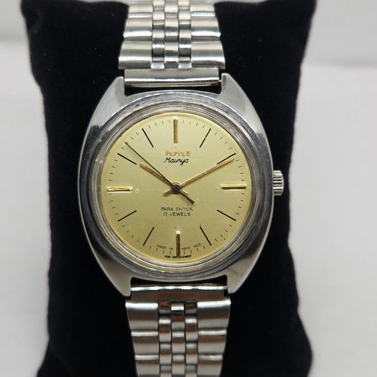 Vintage Original HMT Maurya Hand Winding 17 Jewels Gold Face Jubilee Bracelet Men's Wrist Watch OG173