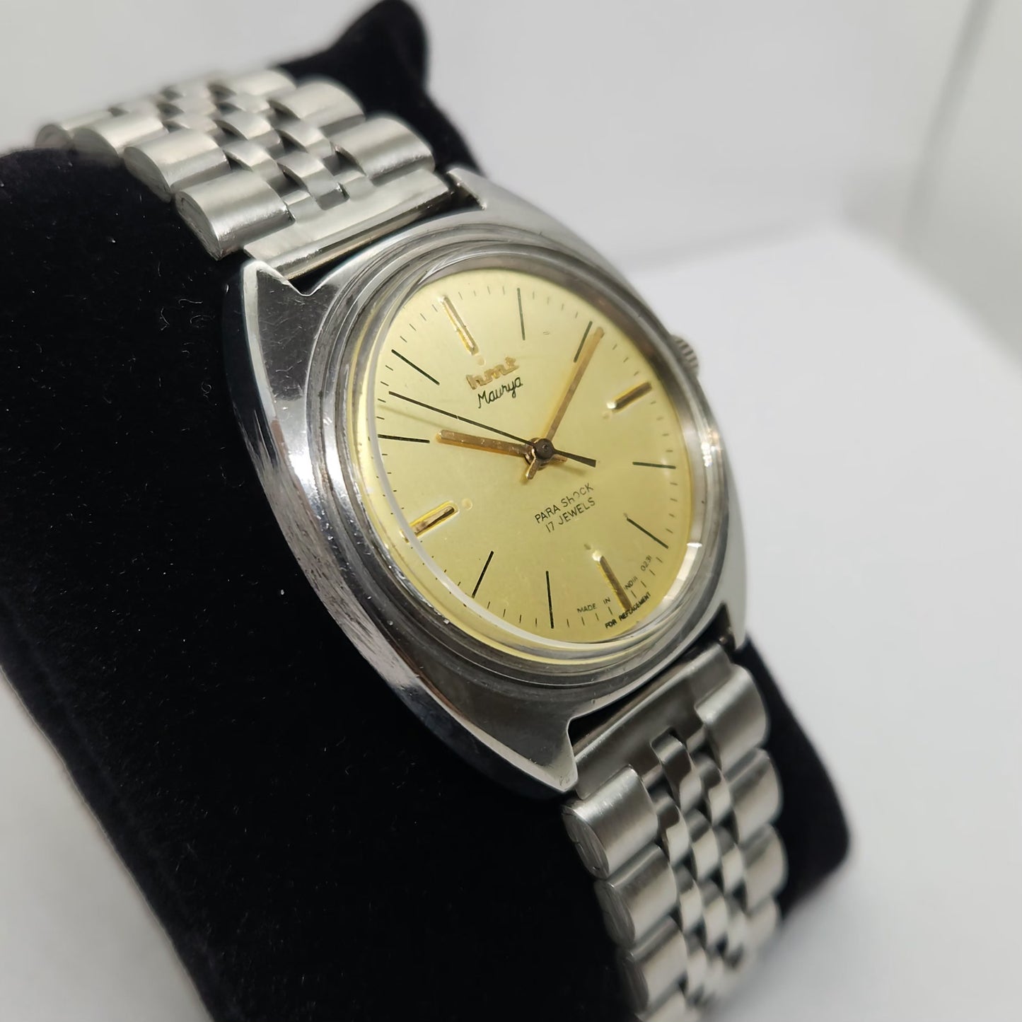 Vintage Original HMT Maurya Hand Winding 17 Jewels Gold Face Jubilee Bracelet Men's Wrist Watch OG173