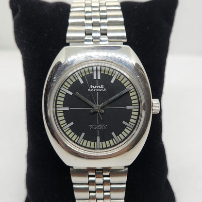 Vintage Original HMT Avinash  Hand Winding 17 Jewels Black Face Jubilee Bracelet Date Men's Wrist Watch OG175