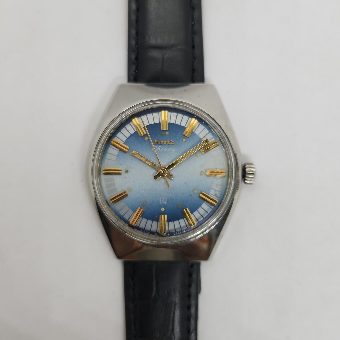 Vintage Original HMT Chirag Hand Winding 17 Jewels Blue Face Black Leather Strap Men's Wrist Watch OG179