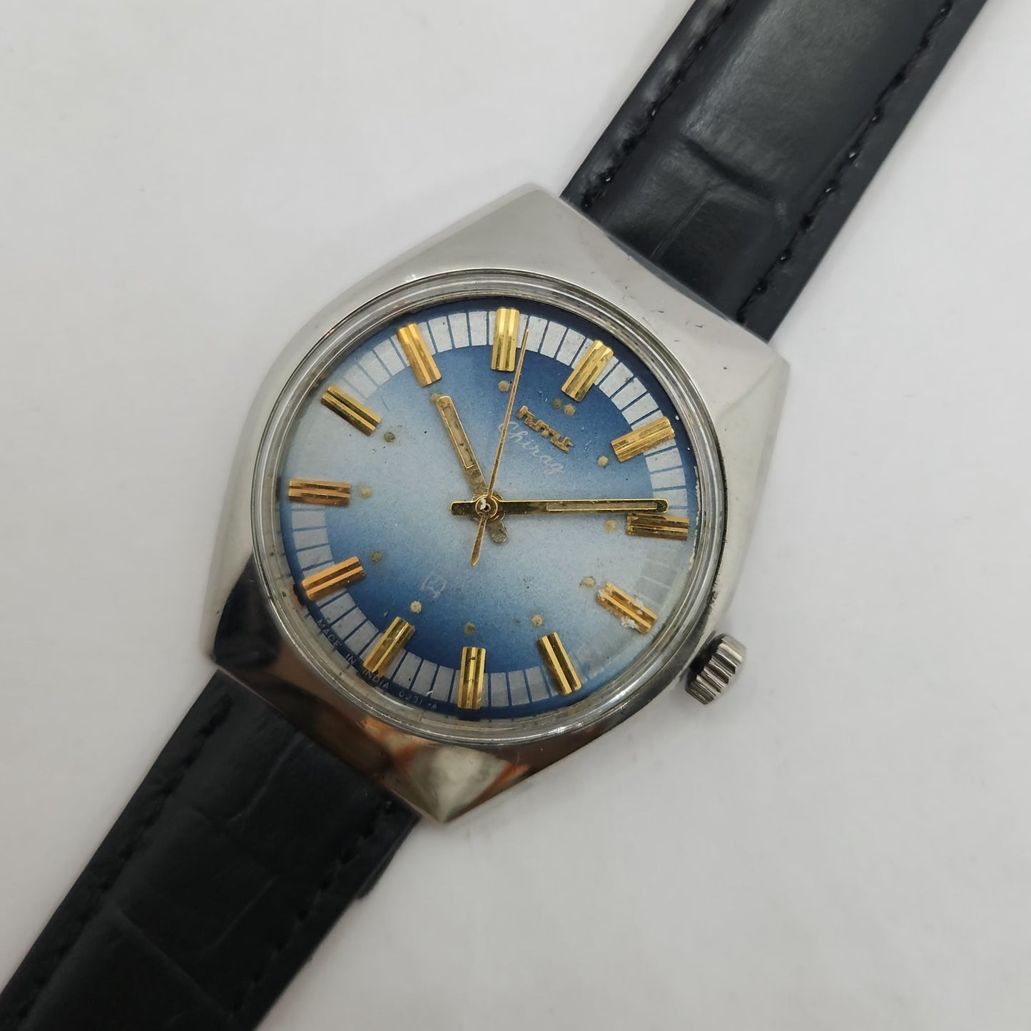 Vintage Original HMT Chirag Hand Winding 17 Jewels Blue Face Black Leather Strap Men's Wrist Watch OG179