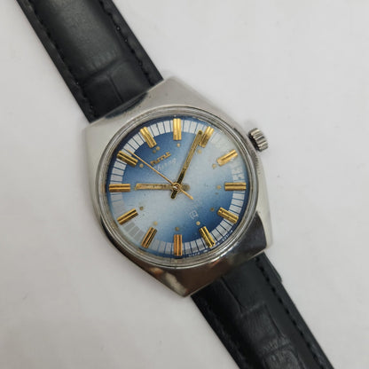 Vintage Original HMT Chirag Hand Winding 17 Jewels Blue Face Black Leather Strap Men's Wrist Watch OG179