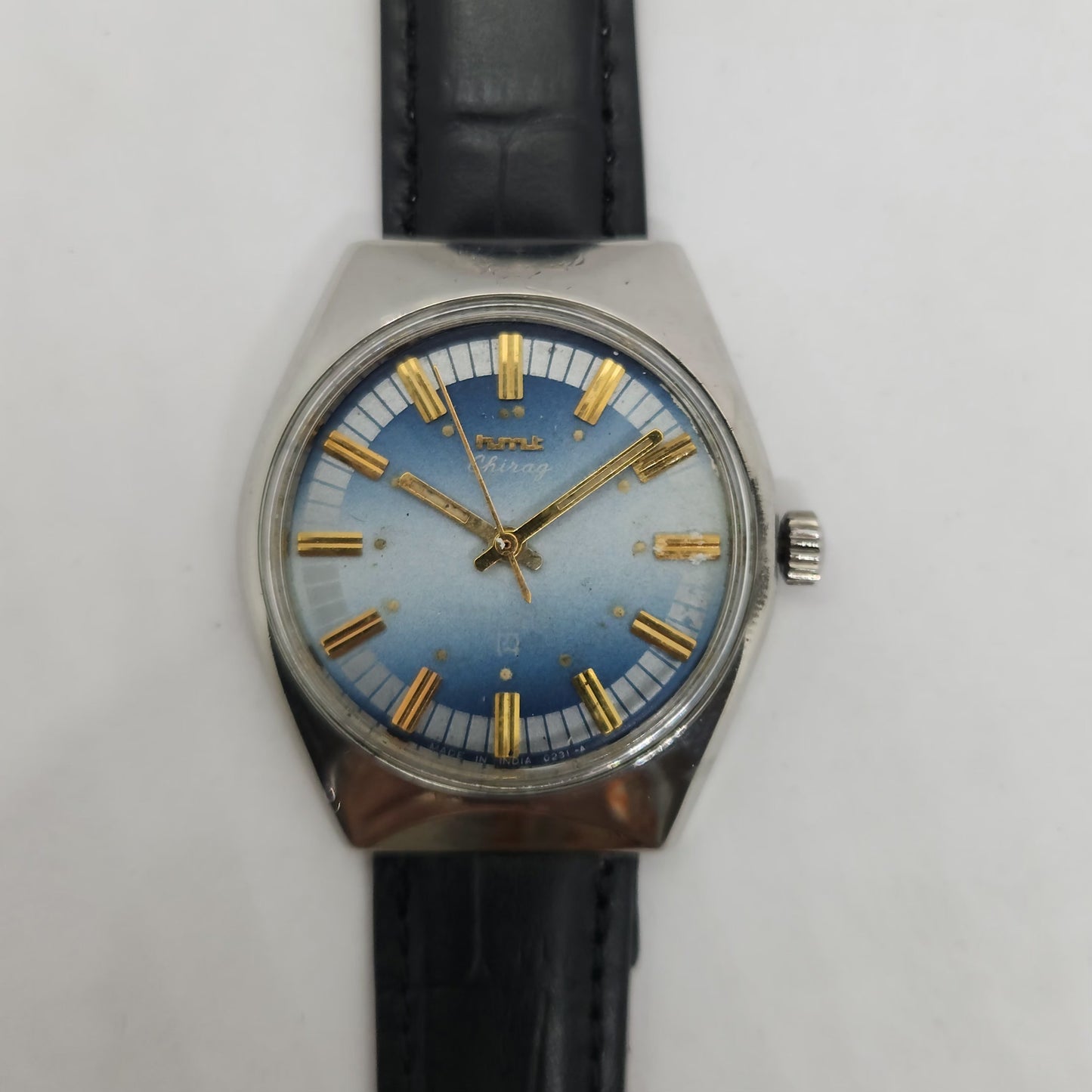 Vintage Original HMT Chirag Hand Winding 17 Jewels Blue Face Black Leather Strap Men's Wrist Watch OG179