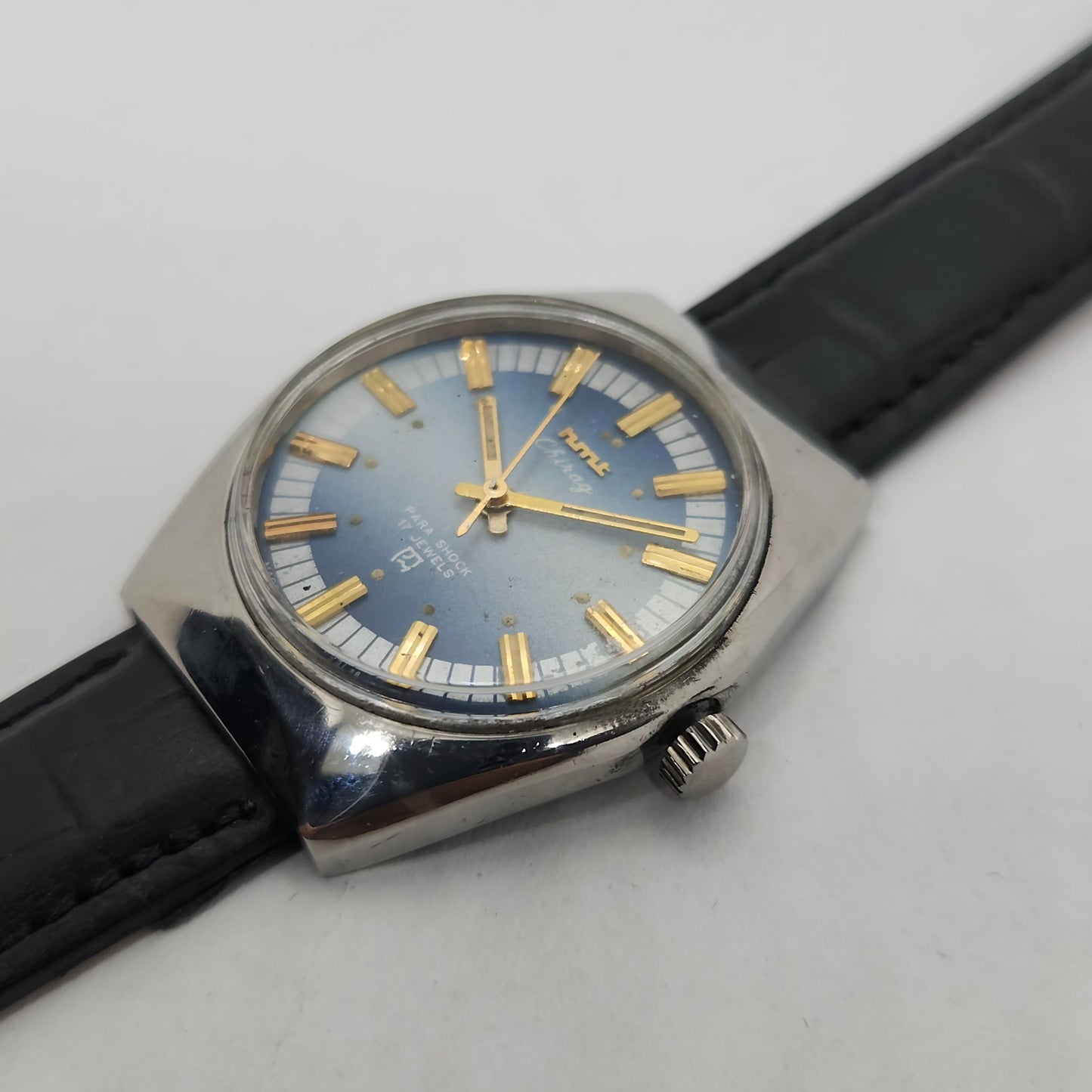 Vintage Original HMT Chirag Hand Winding 17 Jewels Blue Face Black Leather Strap Men's Wrist Watch OG179