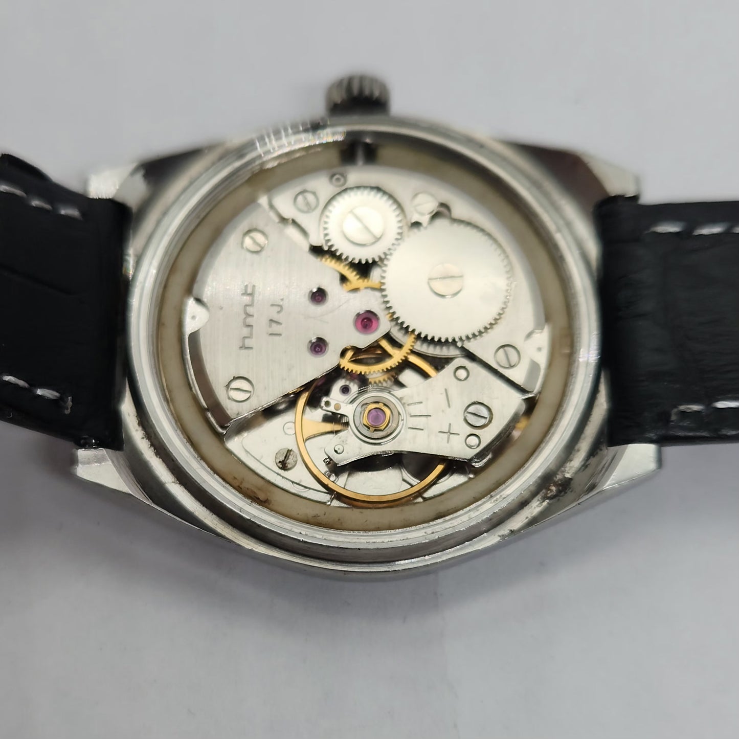 Vintage Original HMT Chirag Hand Winding 17 Jewels Blue Face Black Leather Strap Men's Wrist Watch OG179