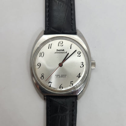 Vintage Original HMT Avinash Hand Winding 17 Jewels Silver Face Black Leather Strap Men's Wrist Watch OG181