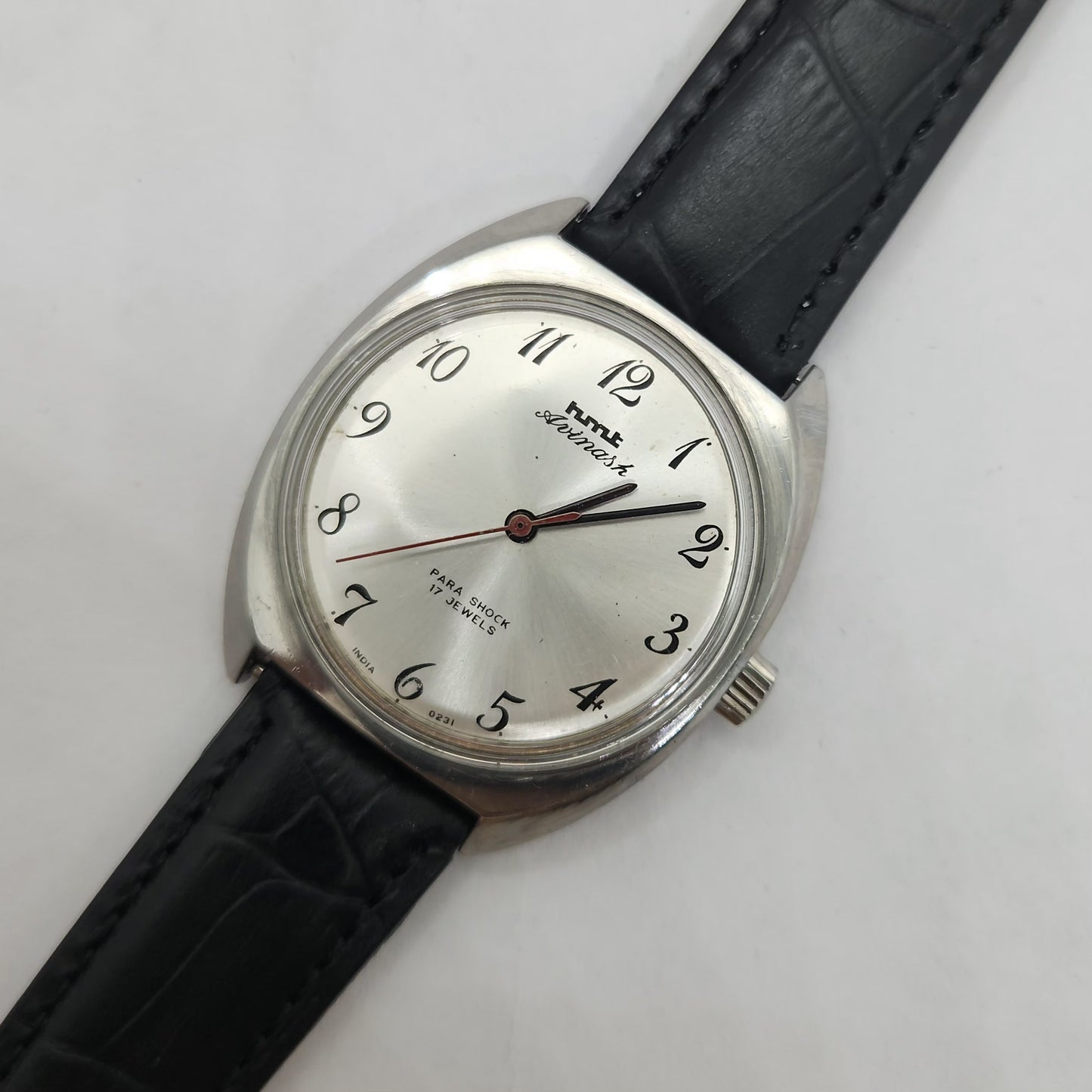 Vintage Original HMT Avinash Hand Winding 17 Jewels Silver Face Black Leather Strap Men's Wrist Watch OG181