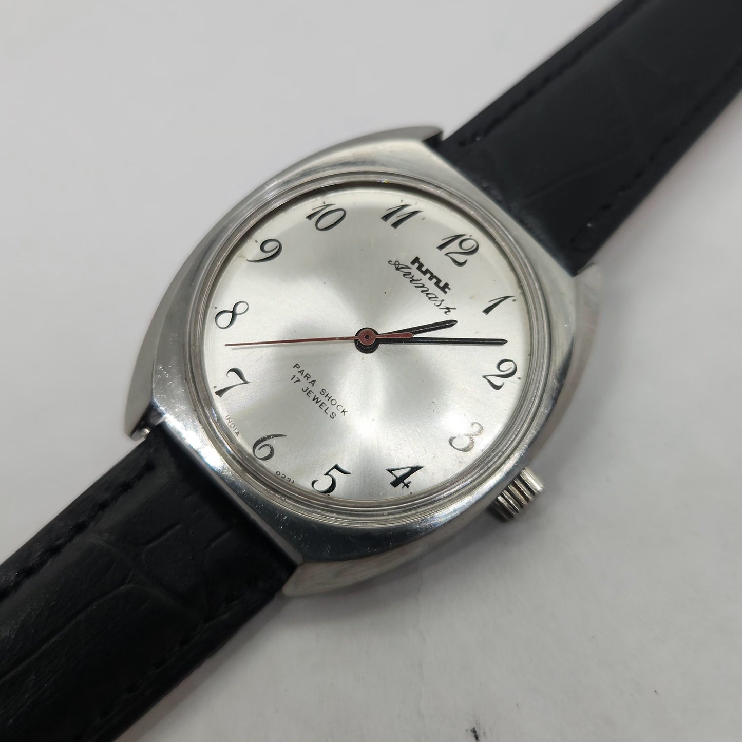 Vintage Original HMT Avinash Hand Winding 17 Jewels Silver Face Black Leather Strap Men's Wrist Watch OG181
