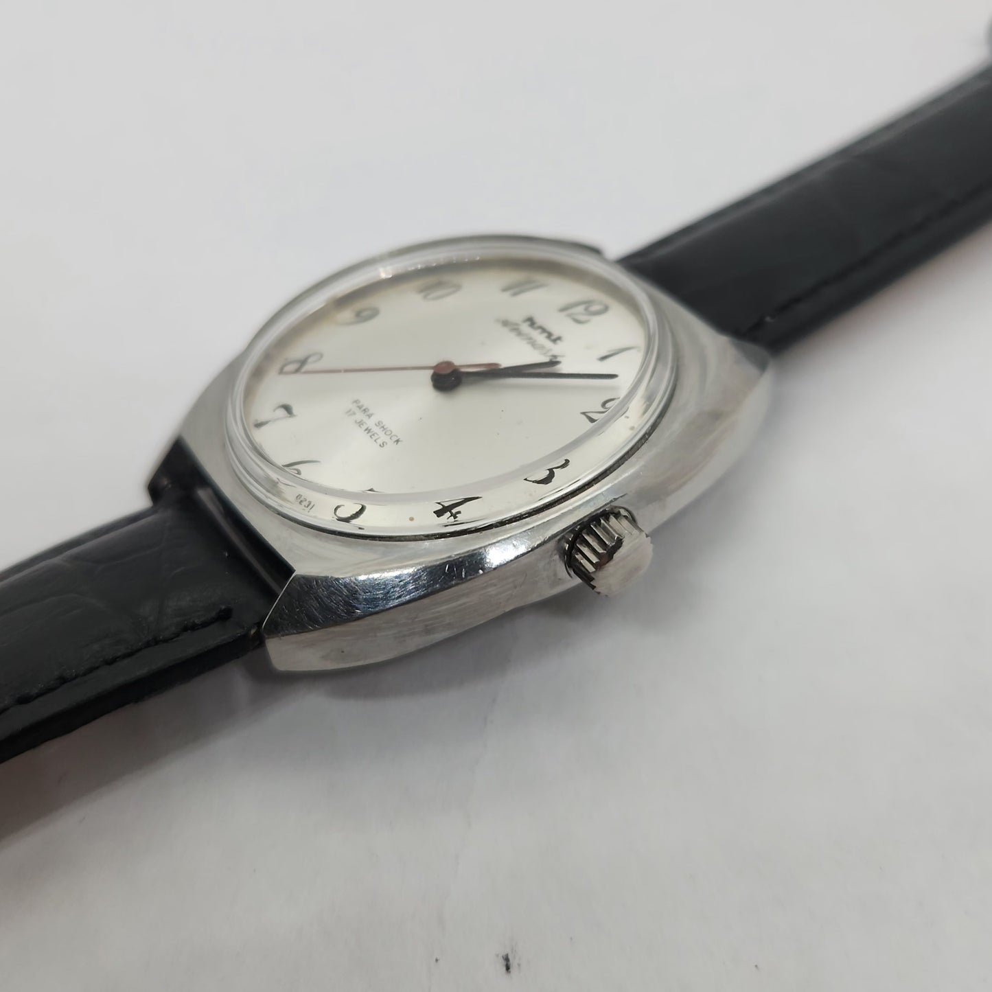Vintage Original HMT Avinash Hand Winding 17 Jewels Silver Face Black Leather Strap Men's Wrist Watch OG181