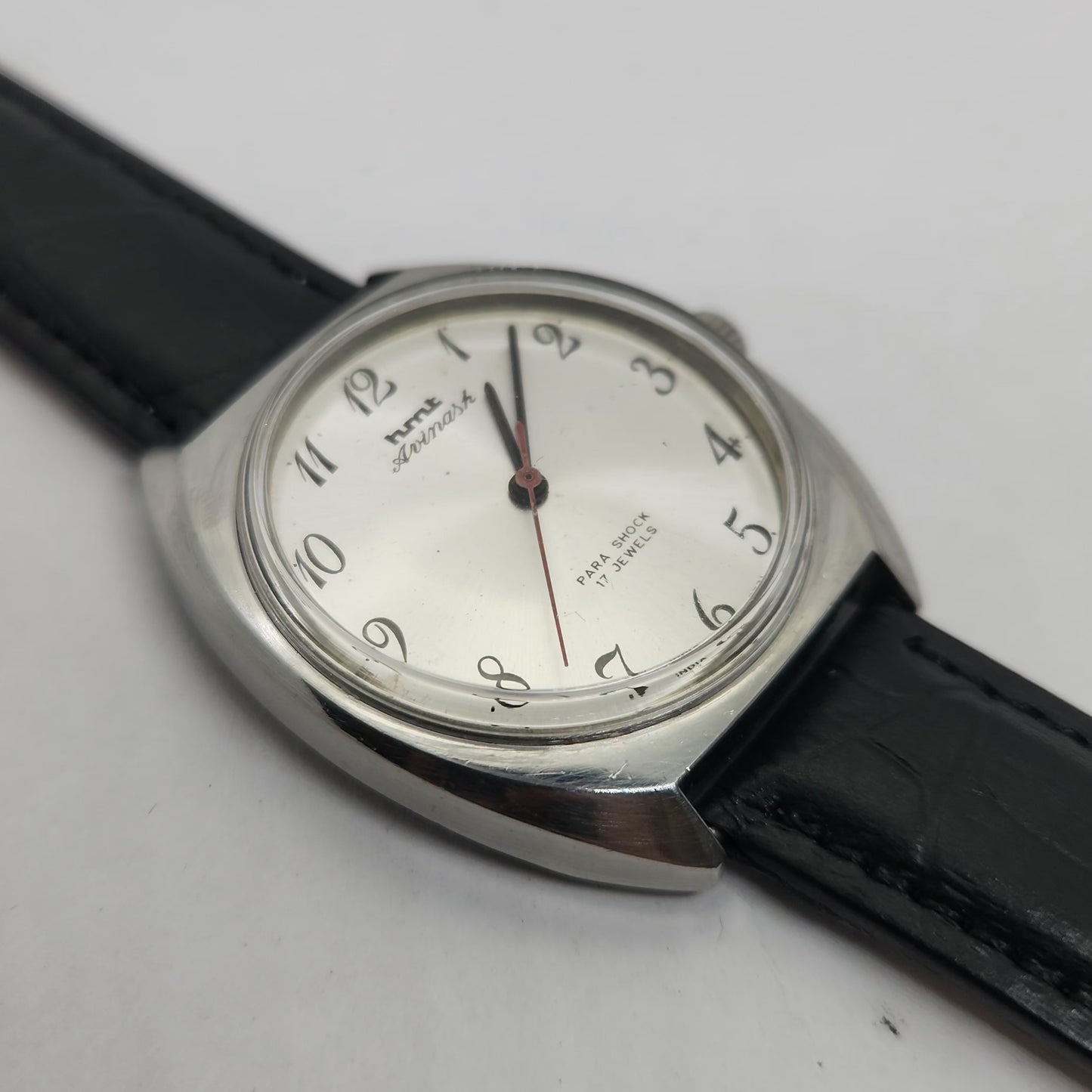 Vintage Original HMT Avinash Hand Winding 17 Jewels Silver Face Black Leather Strap Men's Wrist Watch OG181