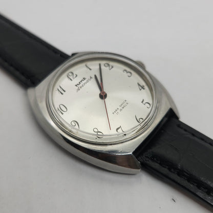 Vintage Original HMT Avinash Hand Winding 17 Jewels Silver Face Black Leather Strap Men's Wrist Watch OG181