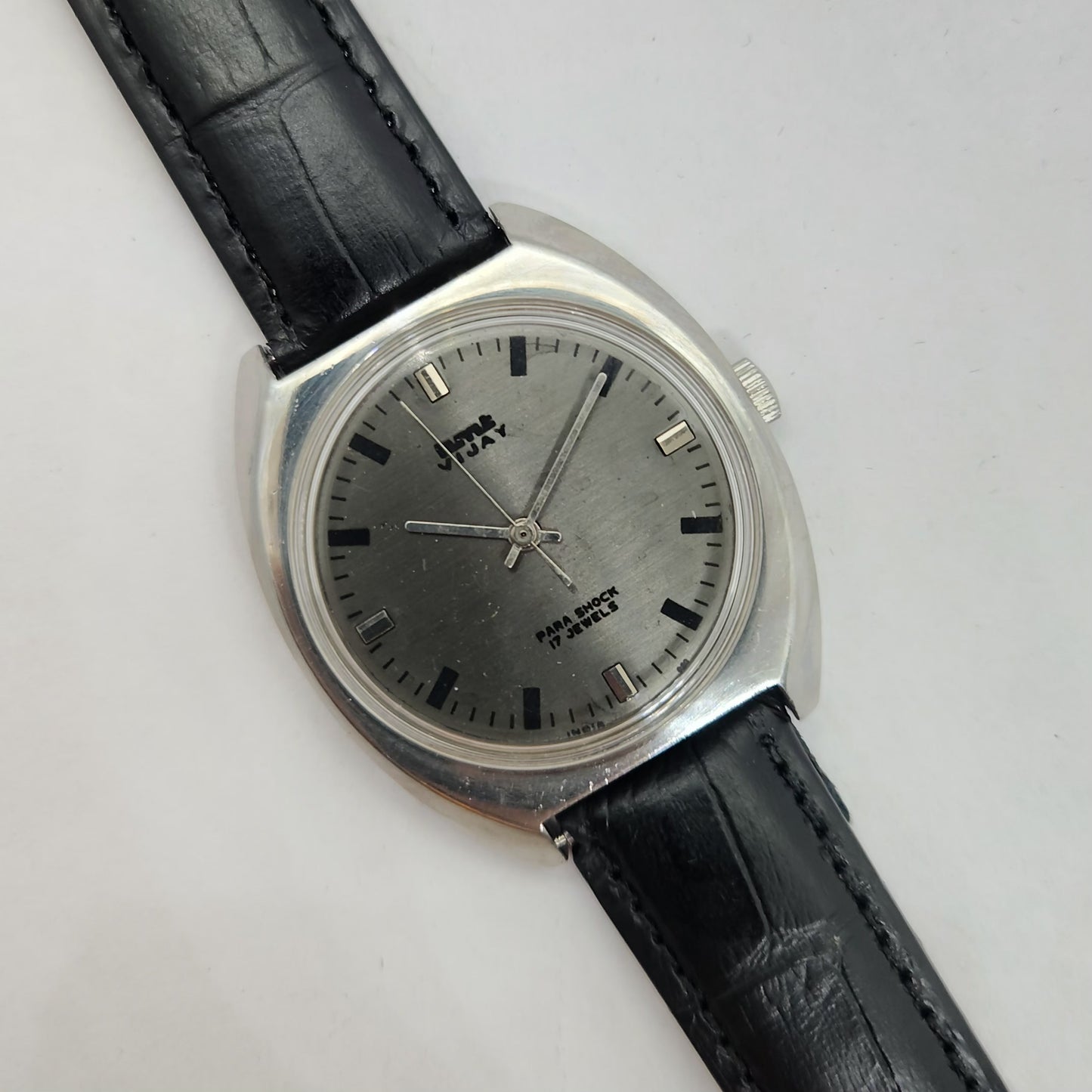 Vintage Original HMT Vijay Hand Winding 17 Jewels Black Face Black Leather Strap Men's Wrist Watch OG184