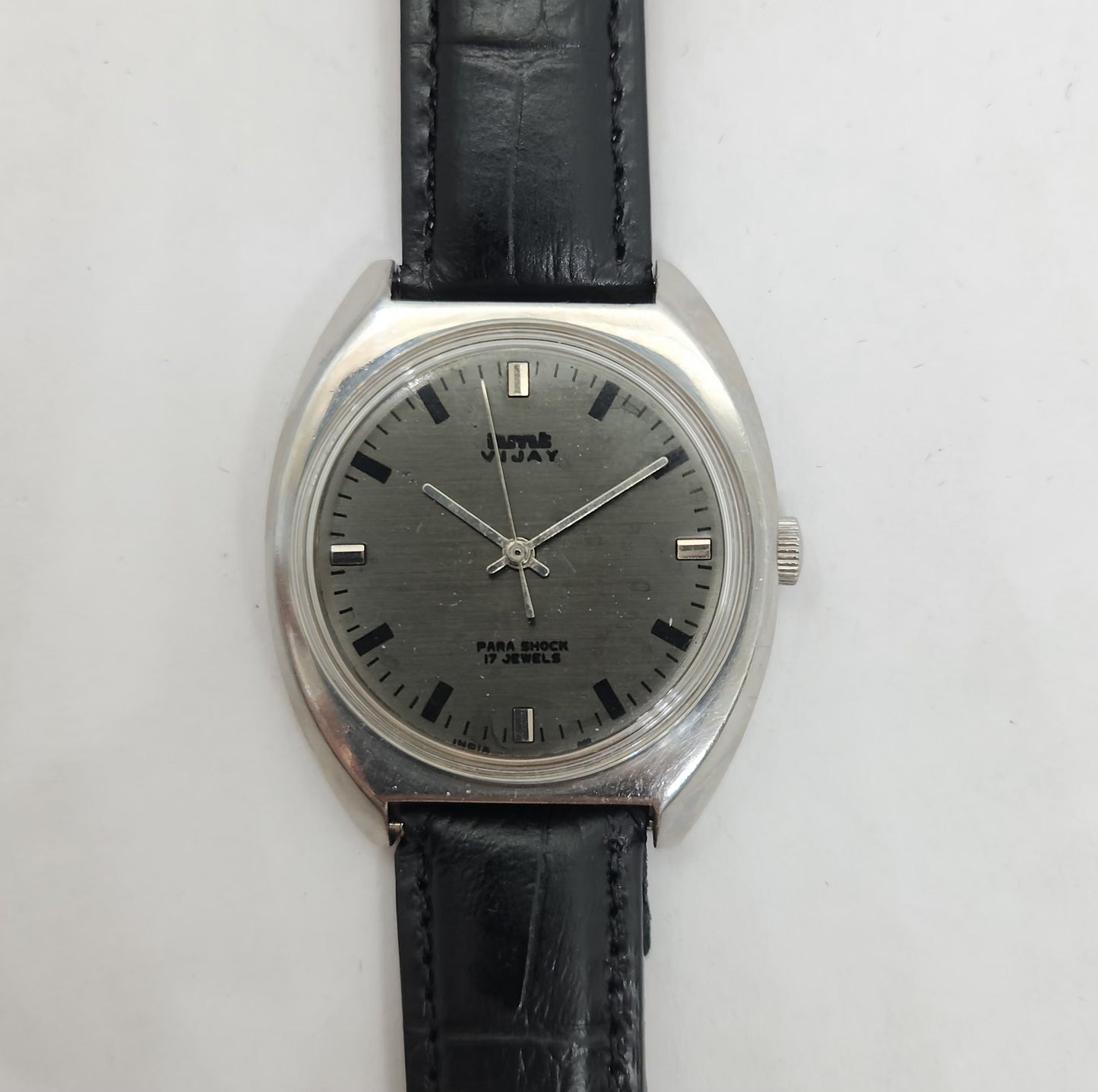 Vintage Original HMT Vijay Hand Winding 17 Jewels Black Face Black Leather Strap Men's Wrist Watch OG184