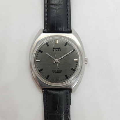 Vintage Original HMT Vijay Hand Winding 17 Jewels Black Face Black Leather Strap Men's Wrist Watch OG184