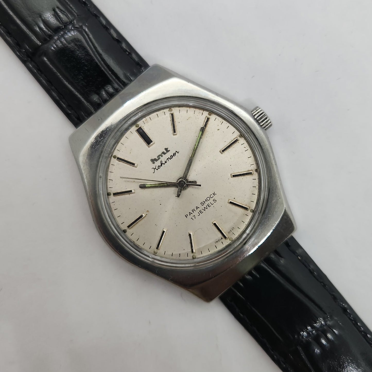 Vintage Original HMT Kohinoor Hand Winding 17 Jewels Silver Face Black Leather Strap Men's Wrist Watch OG185