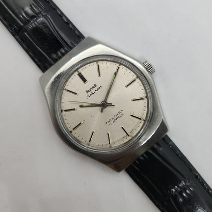 Vintage Original HMT Kohinoor Hand Winding 17 Jewels Silver Face Black Leather Strap Men's Wrist Watch OG185