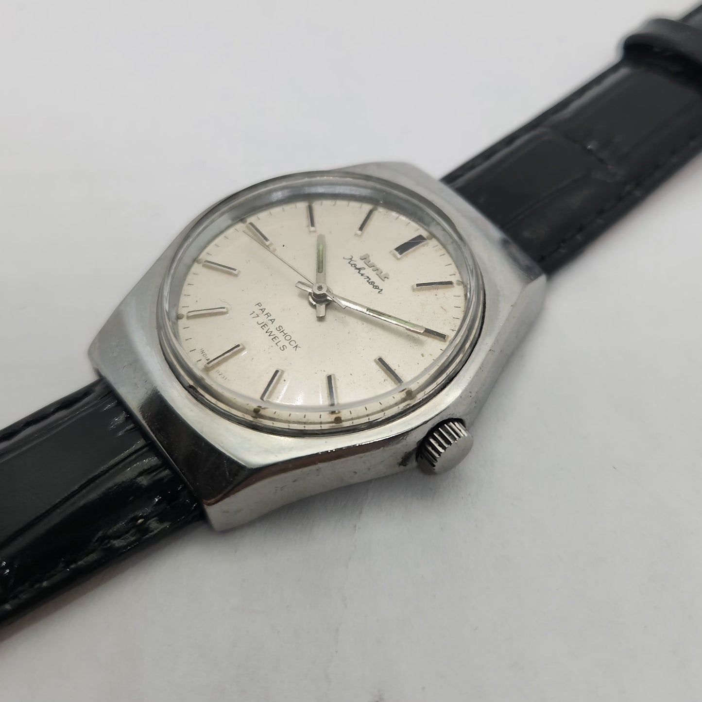 Vintage Original HMT Kohinoor Hand Winding 17 Jewels Silver Face Black Leather Strap Men's Wrist Watch OG185