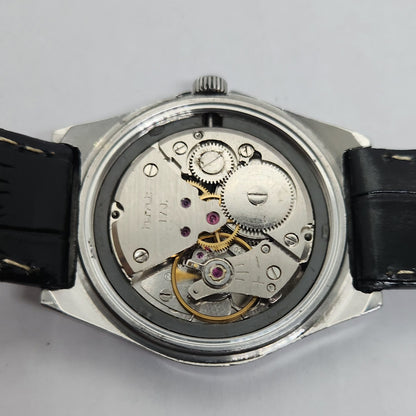 Vintage Original HMT Kohinoor Hand Winding 17 Jewels Silver Face Black Leather Strap Men's Wrist Watch OG185