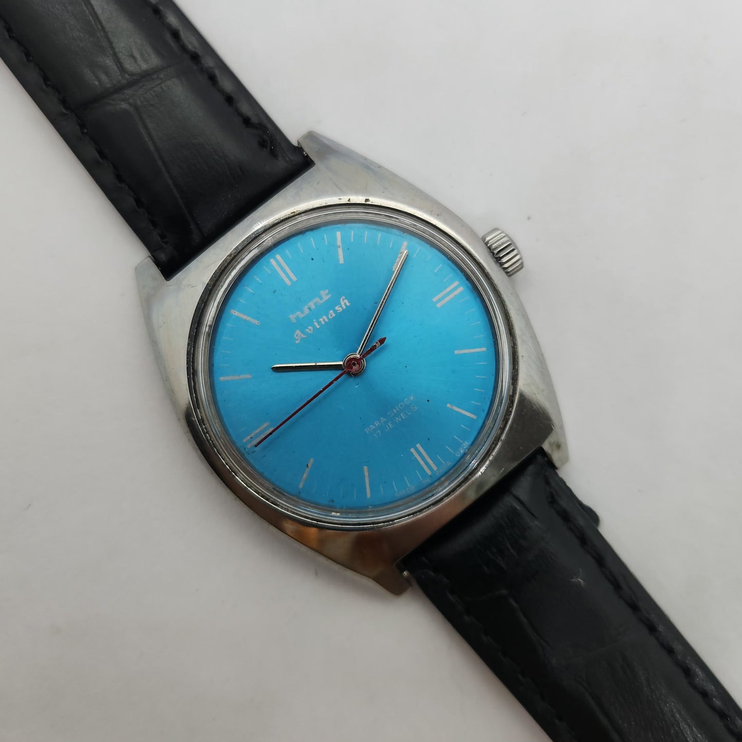 Vintage Original HMT Avinash Hand Winding 17 Jewels Blue Face Black Leather Strap Men's Wrist Watch OG186
