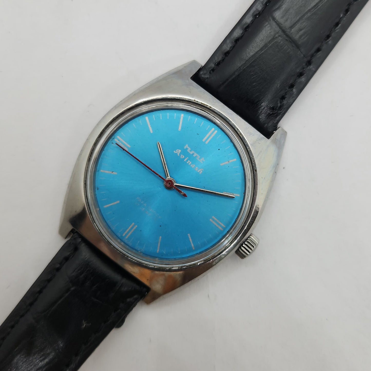 Vintage Original HMT Avinash Hand Winding 17 Jewels Blue Face Black Leather Strap Men's Wrist Watch OG186