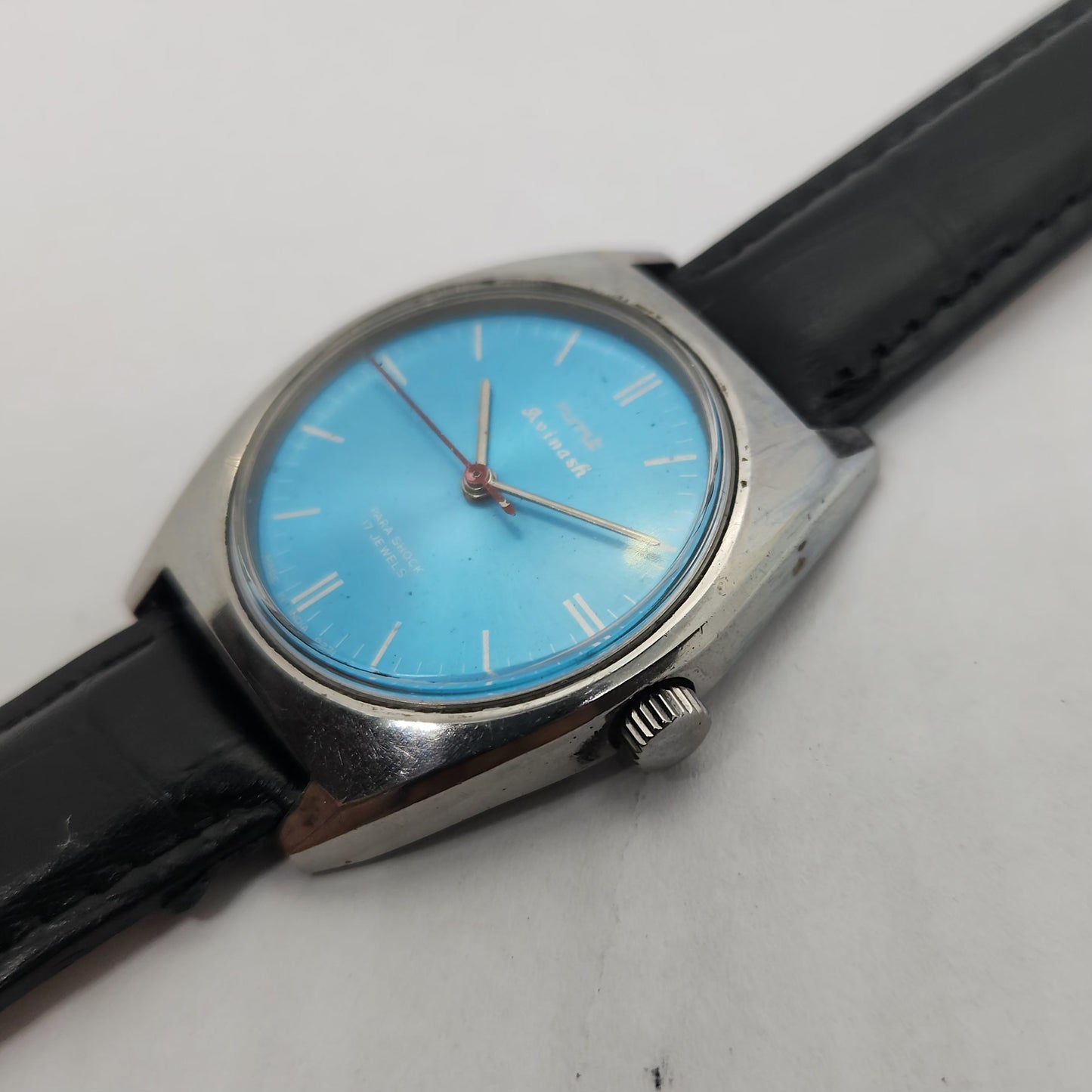 Vintage Original HMT Avinash Hand Winding 17 Jewels Blue Face Black Leather Strap Men's Wrist Watch OG186