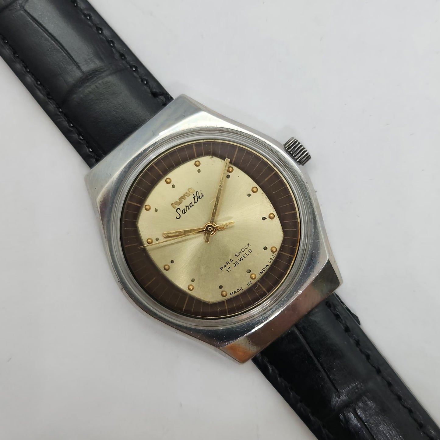 Vintage Original HMT Sarathi Hand Winding 17 Jewels Golden Face Black Leather Strap Men's Wrist Watch OG187