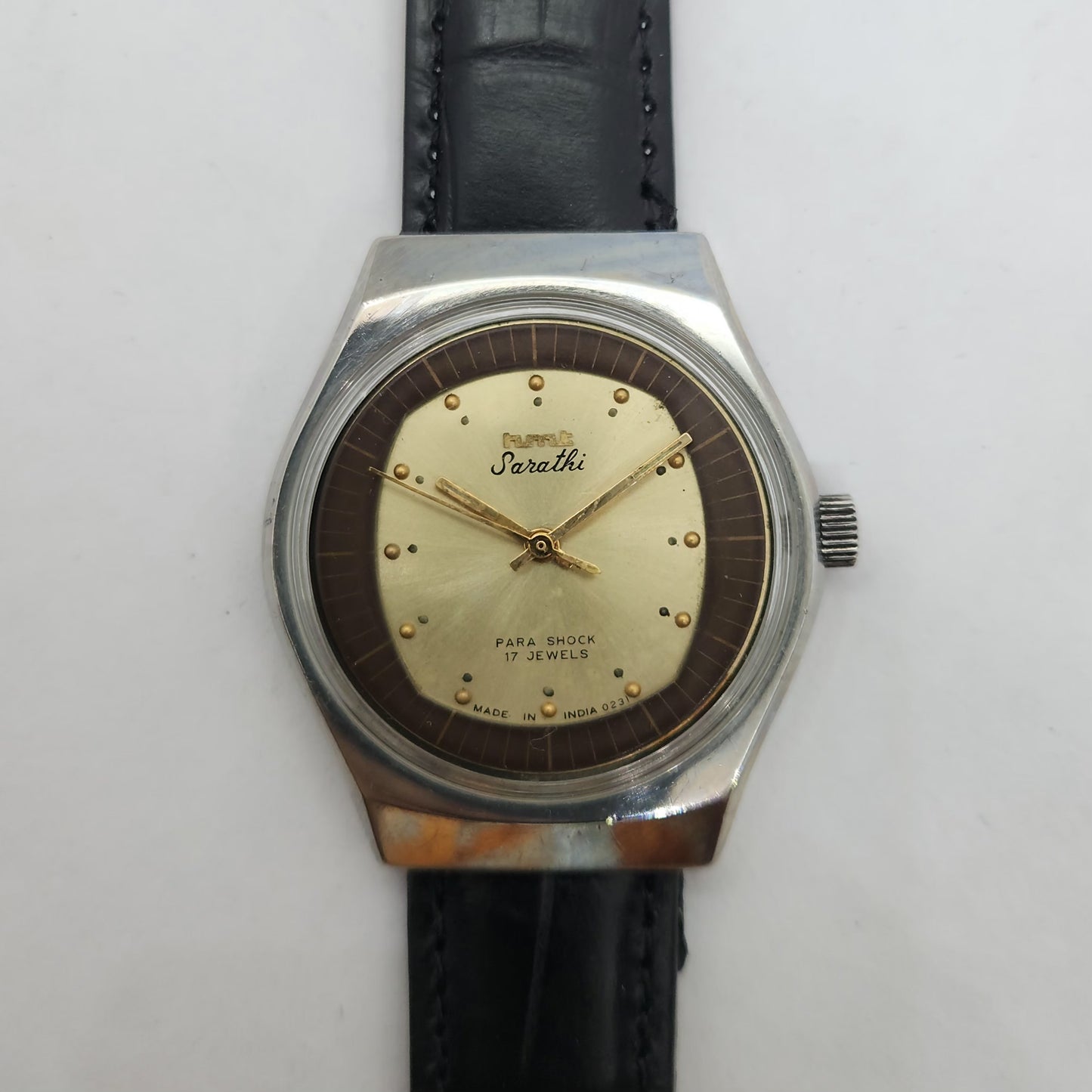 Vintage Original HMT Sarathi Hand Winding 17 Jewels Golden Face Black Leather Strap Men's Wrist Watch OG187