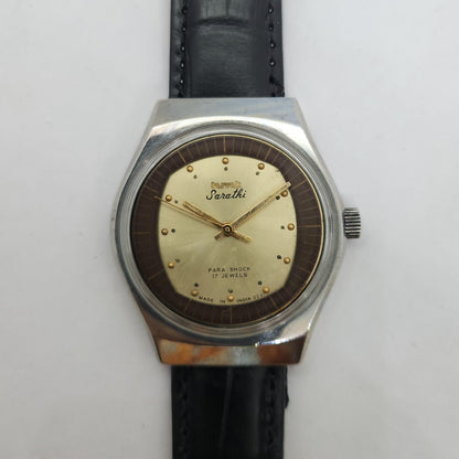 Vintage Original HMT Sarathi Hand Winding 17 Jewels Golden Face Black Leather Strap Men's Wrist Watch OG187